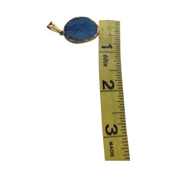 Blue Agate Druzy Slice Pendant Dipped in Real Gold Oval Natural Gemstone - Picture 9 of 9